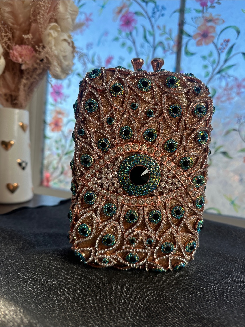 Peacock Crystal Minaudiere Rose Gold Jeweled Rhinestone Statement Clutch